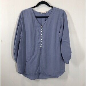 Soft Surrounding Women's Blue Top Size PL 3/4 Roll Tab Sleeves Button Up V Neck